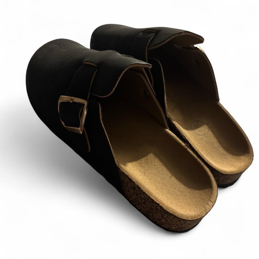 Soulmates Black Mules with Gold Buckle